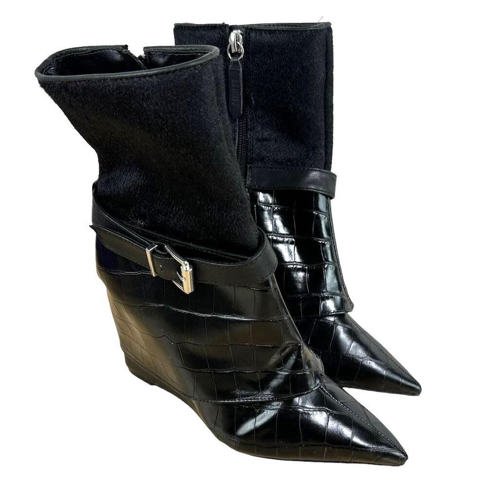 Schutz NWOB Jorian Crocodile Embossed Leather Bootie Black Size 5B Wedge Heel